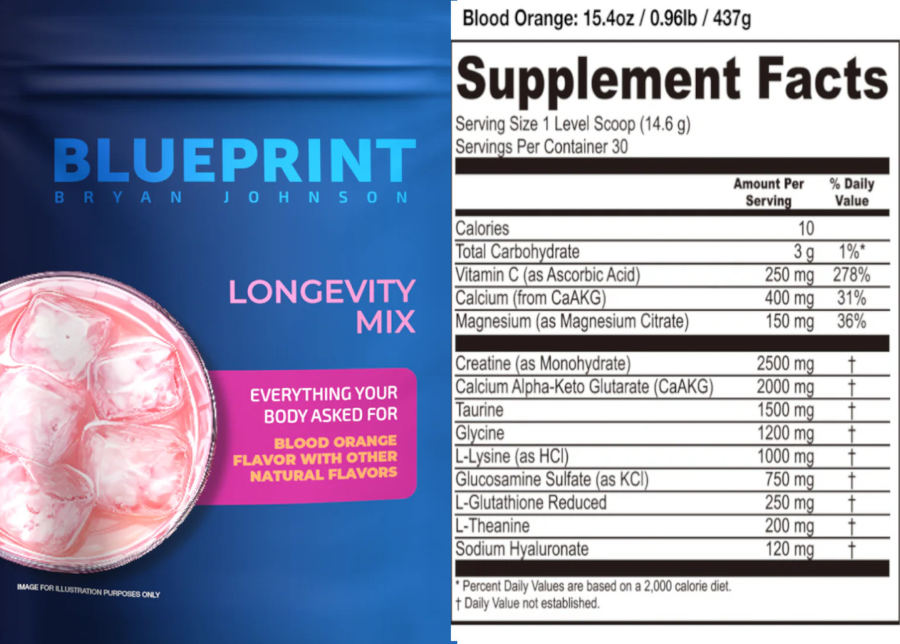 Official label of Blueprint Bryan Johnson Longevity Mix Blood Orange (NIH DSLD #328206)
