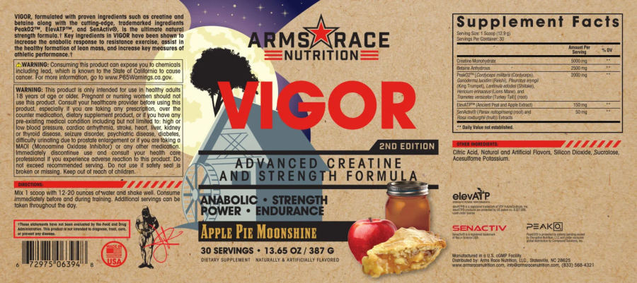 Official label of Arms Race Nutrition Vigor 2nd Edition Apple Pie Moonshine (NIH DSLD #328373)