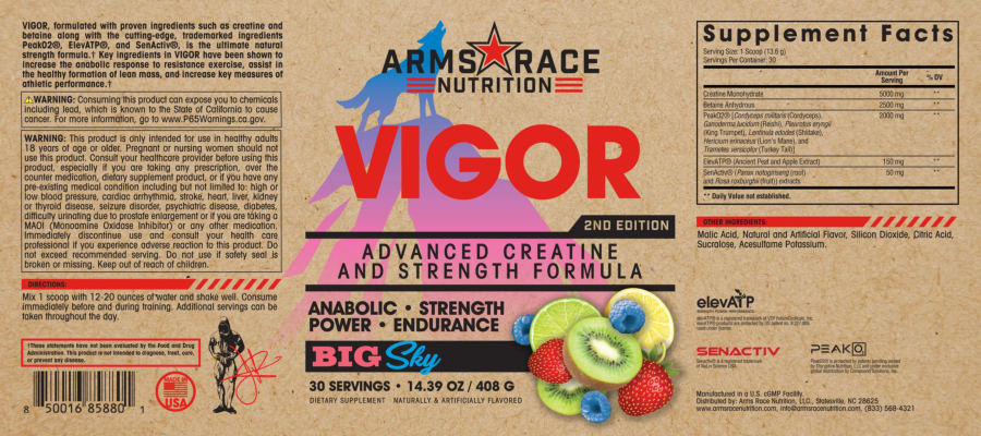 Official label of Arms Race Nutrition Vigor 2nd Edition Big Sky (NIH DSLD #328374)
