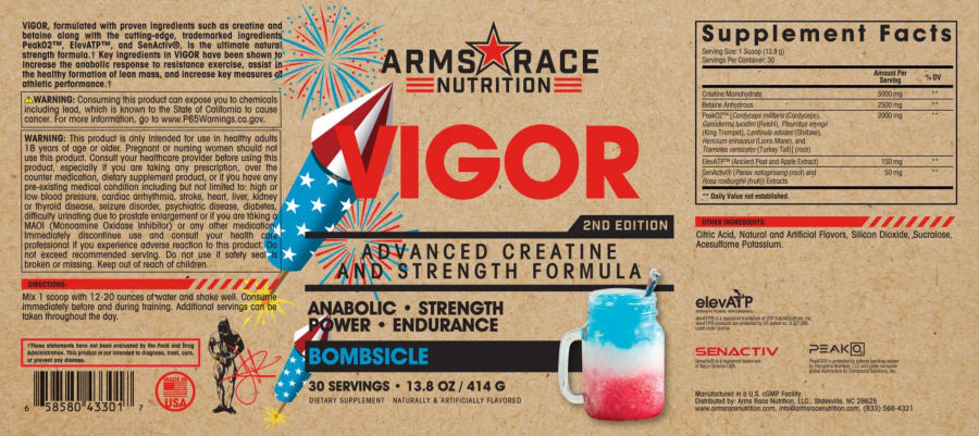Official label of Arms Race Nutrition Vigor 2nd Edition Bombsicle (NIH DSLD #328375)