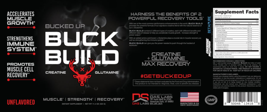 Official label of Bucked Up Buck Build Unflavored (NIH DSLD #328389)