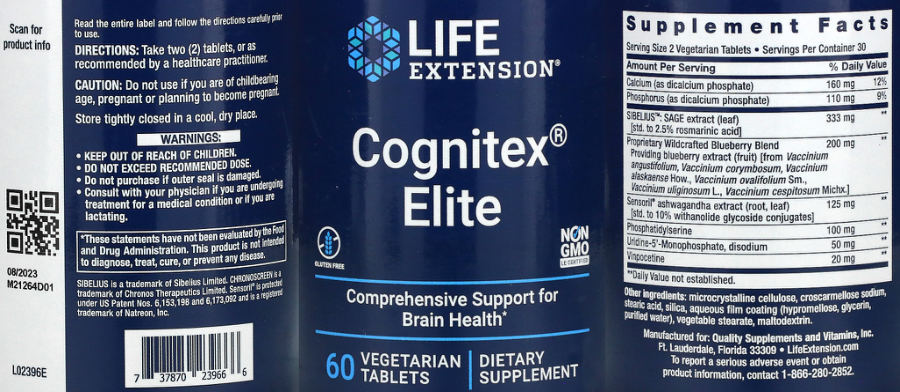 Official label of Life Extension Cognitex Elite (NIH DSLD #328399)