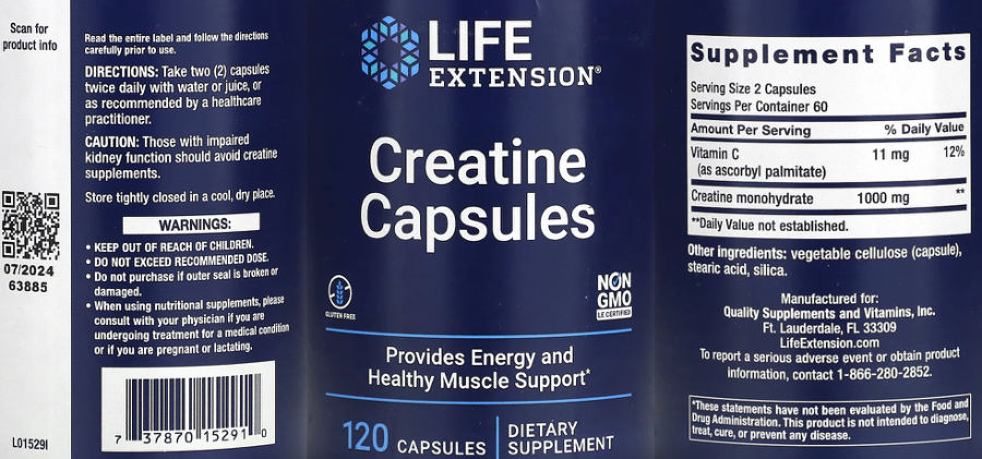 Official label of Life Extension Creatine Capsules (NIH DSLD #328409)