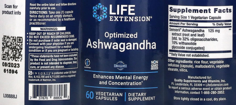 Official label of Life Extension Optimized Ashwagandha (NIH DSLD #328609)