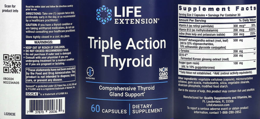 Official label of Life Extension Triple Action Thyroid (NIH DSLD #328751)