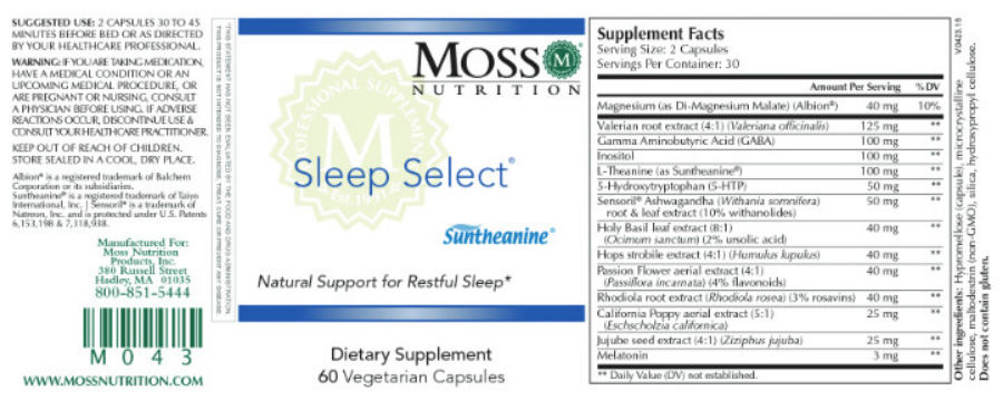 Official label of Moss Nutrition Sleep Select (NIH DSLD #329183)
