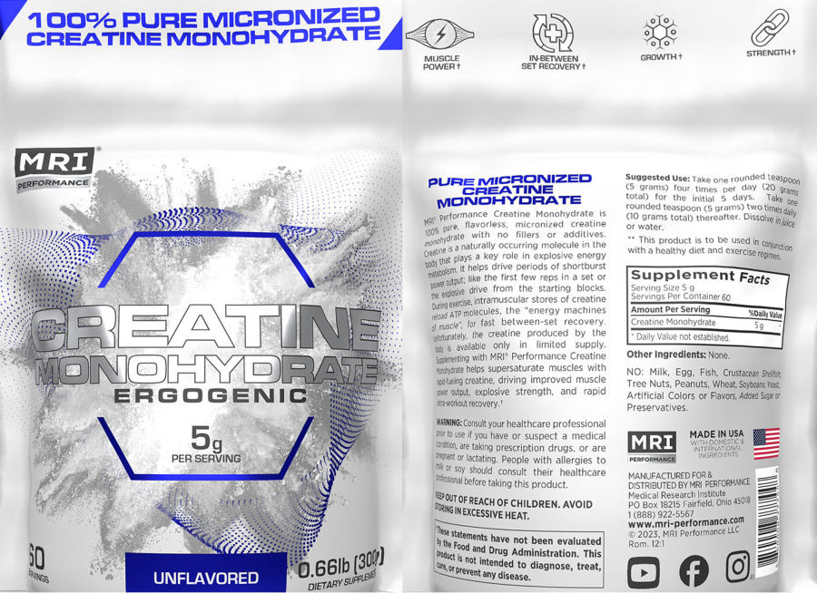 Official label of MRI Performance Creatine Monohydrate Ergogenic 5 g Unflavored (NIH DSLD #329188)