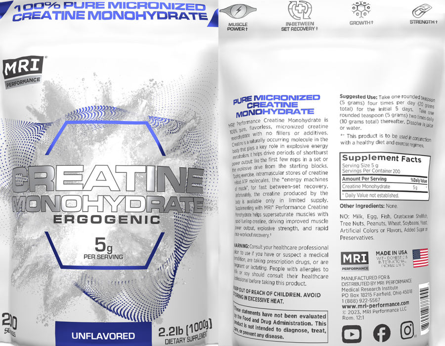 Official label of MRI Performance Creatine Monohydrate Ergogenic Unflavored (NIH DSLD #329189)