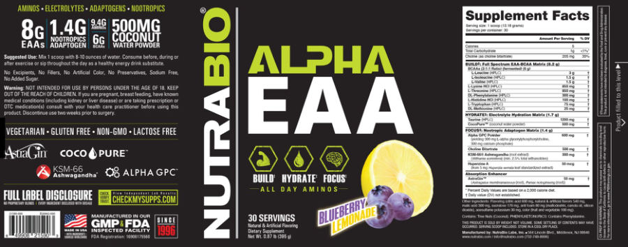 Official label of NutraBio Alpha EAA Blueberry Lemonade (NIH DSLD #329316)