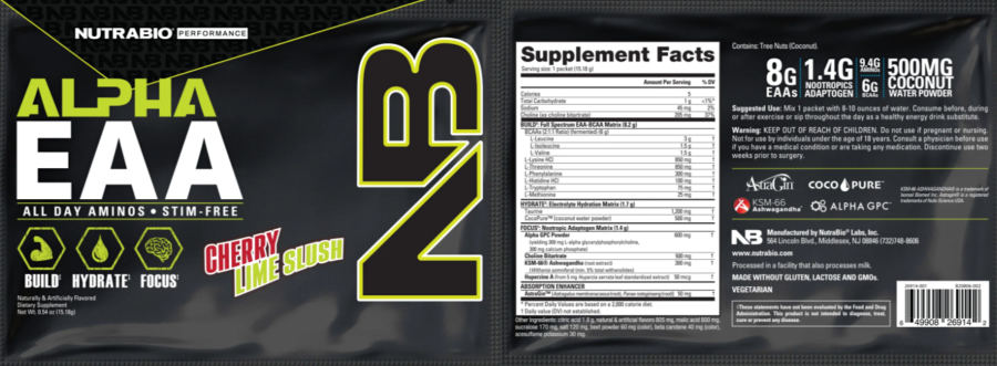 Official label of NutraBio Performance Alpha EAA Cherry Lime Slush (NIH DSLD #329317)