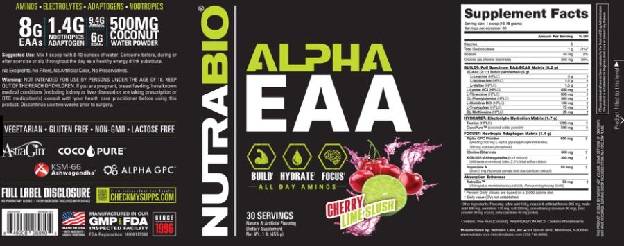 Official label of NutraBio Alpha EAA Cherry Lime Slush (NIH DSLD #329318)