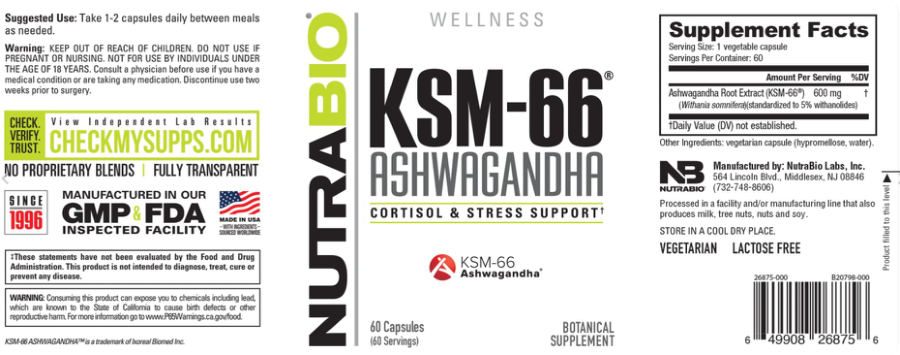 Official label of NutraBio KSM-66 Ashwagandha (NIH DSLD #329337)
