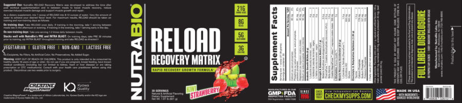 Official label of NutraBio Reload Recovery Matrix Kiwi Strawberry (NIH DSLD #329450)