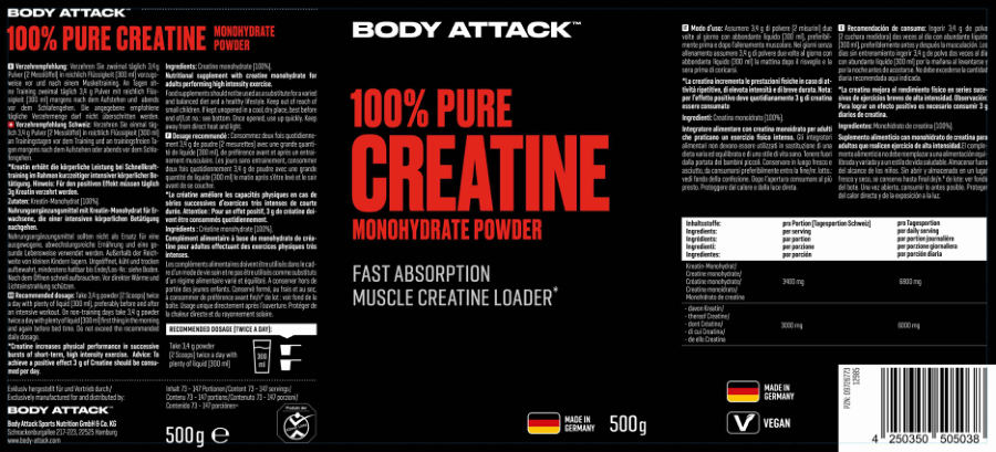 Official label of Body Attack 100% Pure Creatine Monohydrate Powder (NIH DSLD #329519)