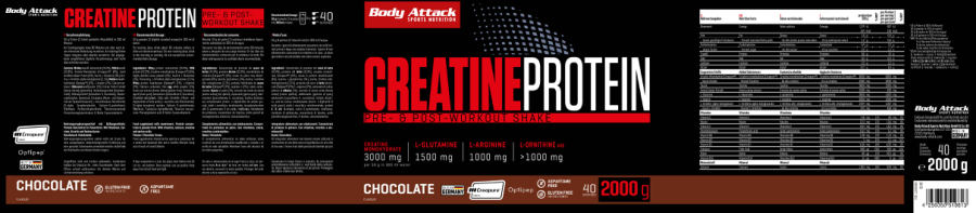 Official label of Body Attack Sports Nutrition Creatine Protein Chocolate Flavour (NIH DSLD #329546)