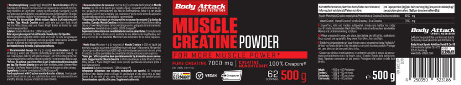 Official label of Body Attack Sports Nutrition Muscle Creatine Powder 7000 mg (NIH DSLD #329600)