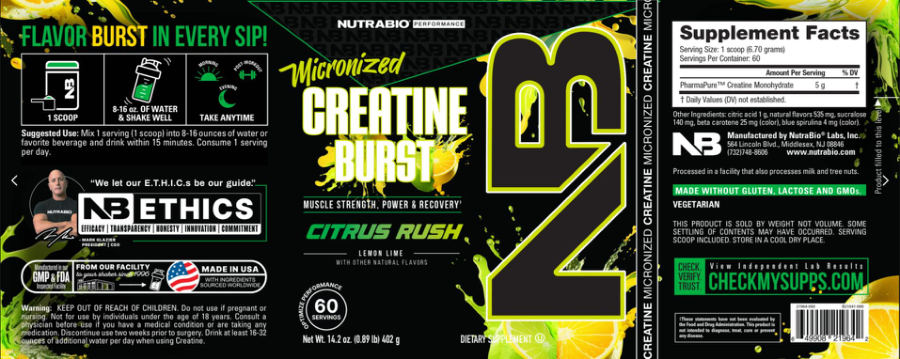 Official label of NutraBio Performance Micronized Creatine Burst Citrus Rush Lemon Lime (NIH DSLD #330044)