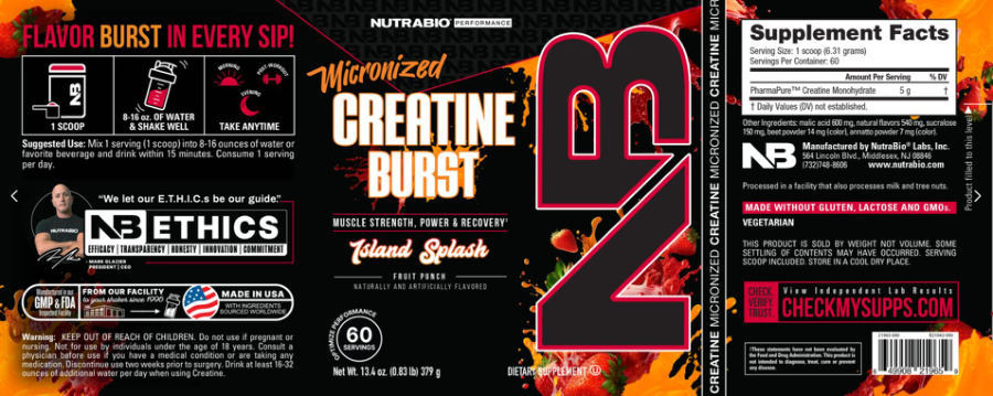 Official label of NutraBio Performance Micronized Creatine Burst Island Splash Fruit Punch (NIH DSLD #330045)