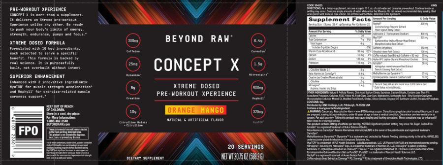 Official label of GNC Beyond Raw Concept X Orange Mango (NIH DSLD #330834)