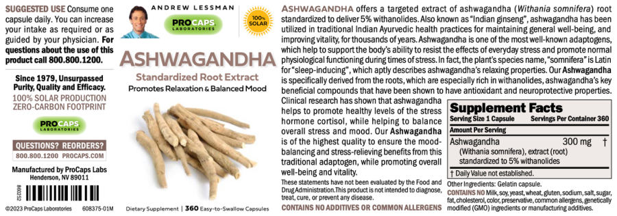 Official label of ProCaps Laboratories Ashwagandha (NIH DSLD #331514)