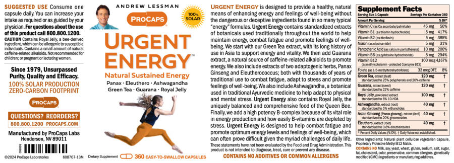 Official label of ProCaps Laboratories Urgent Energy (NIH DSLD #331614)