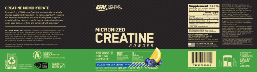 Official label of ON Optimum Nutrition Micronized Creatine Powder Blueberry Lemonade (NIH DSLD #332126)