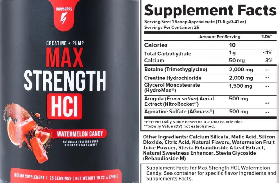 Official label of INNOSUPPS Max Strength HCl Watermelon Candy (NIH DSLD #332138)