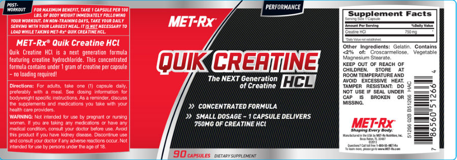 Official label of MET-Rx Quik Creatine HCl (NIH DSLD #33273)