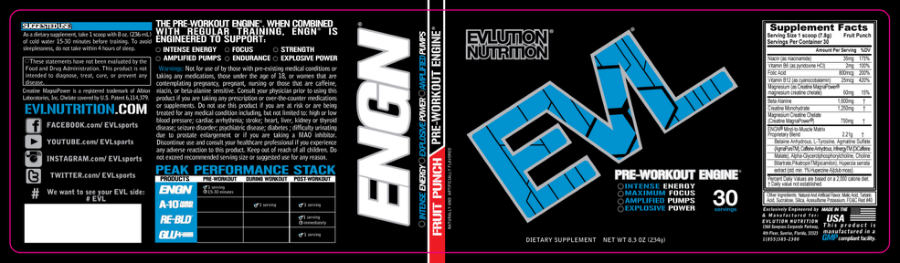 Official label of Evlution Nutrition ENGN Pre-Workout Engine Fruit Punch (NIH DSLD #33286)