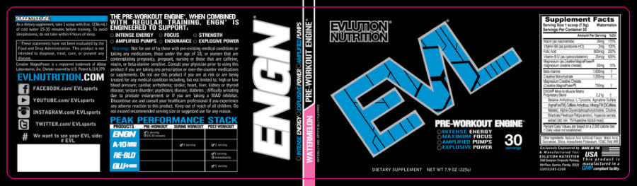Official label of Evlution Nutrition ENGN Pre-Workout Engine Watermelon (NIH DSLD #33359)