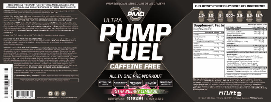 Official label of PMD Ultra Pump Fuel Caffeine Free Strawberry Limeade (NIH DSLD #333861)