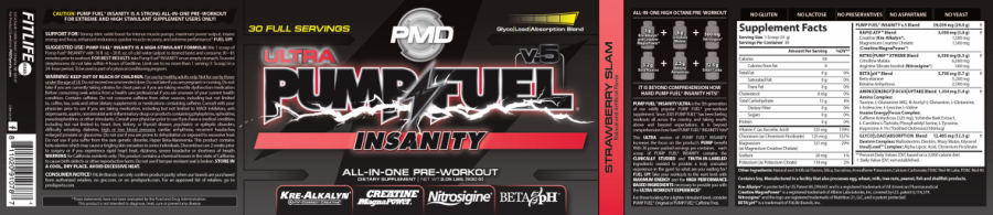 Official label of PMD Ultra Pump Fuel v.5 Insanity Strawberry Slam (NIH DSLD #333864)