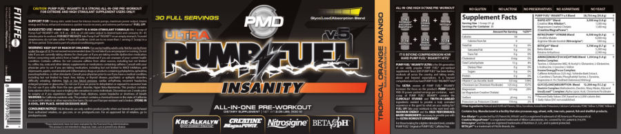 Official label of PMD Ultra Pump Fuel v.5 Insanity Tropical Orange Mango (NIH DSLD #333865)