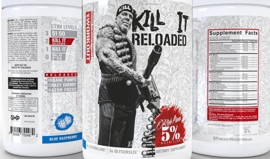 Official label of Rich Piana 5% Nutrition Kill It Reloaded Blue Raspberry (NIH DSLD #333961)