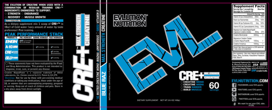 Official label of Evlution Nutrition Cre+ Blue Raz (NIH DSLD #33416)