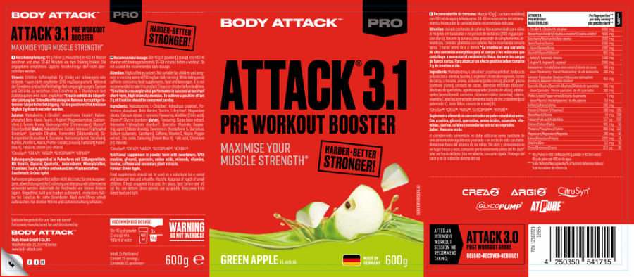 Official label of Body Attack Attack 3.1 Green Apple Flavour (NIH DSLD #334177)