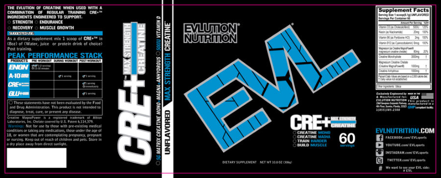 Official label of Evlution Nutrition Cre+ Unflavored (NIH DSLD #33420)