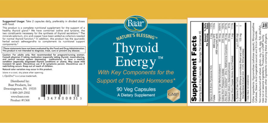 Official label of Baar Nature's Blessing Thyroid Energy (NIH DSLD #334218)