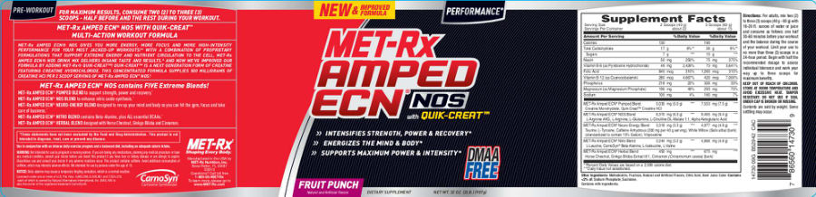 Official label of MET-Rx Amped ECN NOS With QUIK-CREAT Fruit Punch (NIH DSLD #33480)