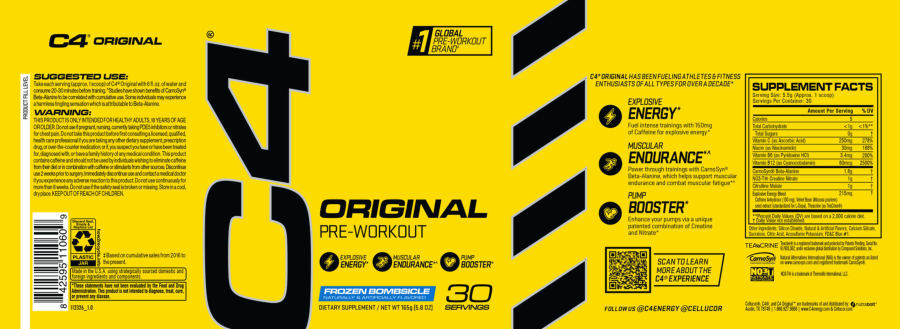 Official label of Cellucor C4 Original Frozen Bomsicle (NIH DSLD #335105)