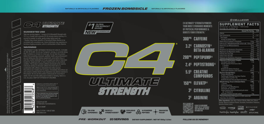 Official label of Cellucor C4 Ultimate Strength Frozen Bombsicle (NIH DSLD #335124)