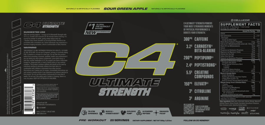 Official label of Cellucor C4 Ultimate Strength Sour Green Apple (NIH DSLD #335126)