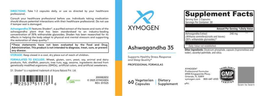 Official label of XYMOGEN Ashwagandha 35 (NIH DSLD #335423)
