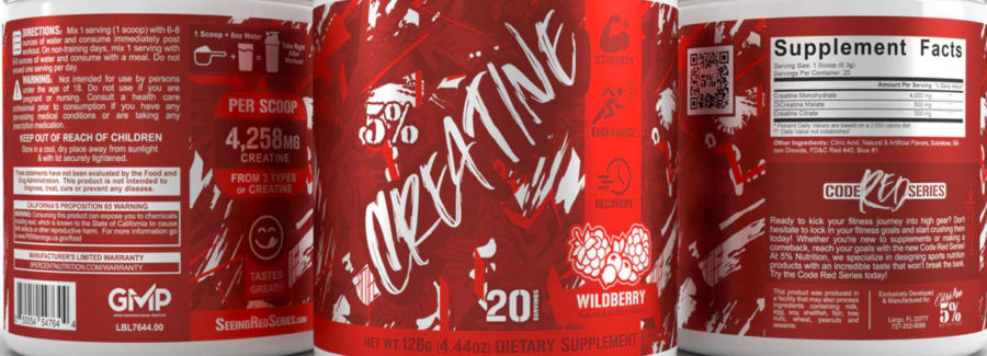Official label of Rich Piana 5% Nutrition Code Red Series 5% Creatine Wildberry (NIH DSLD #335554)