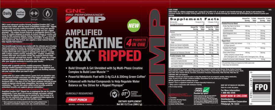 Official label of GNC Pro Performance AMP Amplified Creatine XXX Ripped Fruit Punch (NIH DSLD #33608)