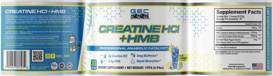 Official label of GEC Genetic Edge Compounds Creatine HCl + HMB Blue Lemonade (NIH DSLD #336089)