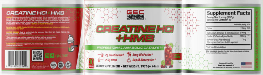 Official label of GEC Genetic Edge Compounds Creatine HCl + HMB Cherry Limeade (NIH DSLD #336090)