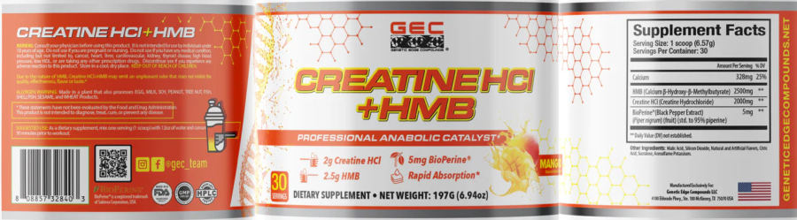 Official label of GEC Genetic Edge Compounds Creatine HCl + HMB Mango (NIH DSLD #336092)