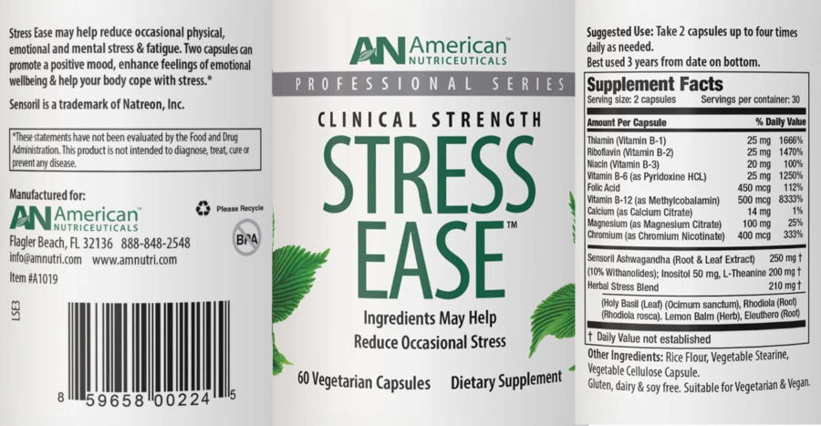 Official label of AN American Nutriceuticals Stress Ease (NIH DSLD #336683)