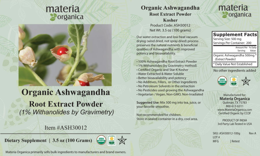 Official label of Materia Organica Organic Ashwagandha Root Extract Powder (NIH DSLD #336982)